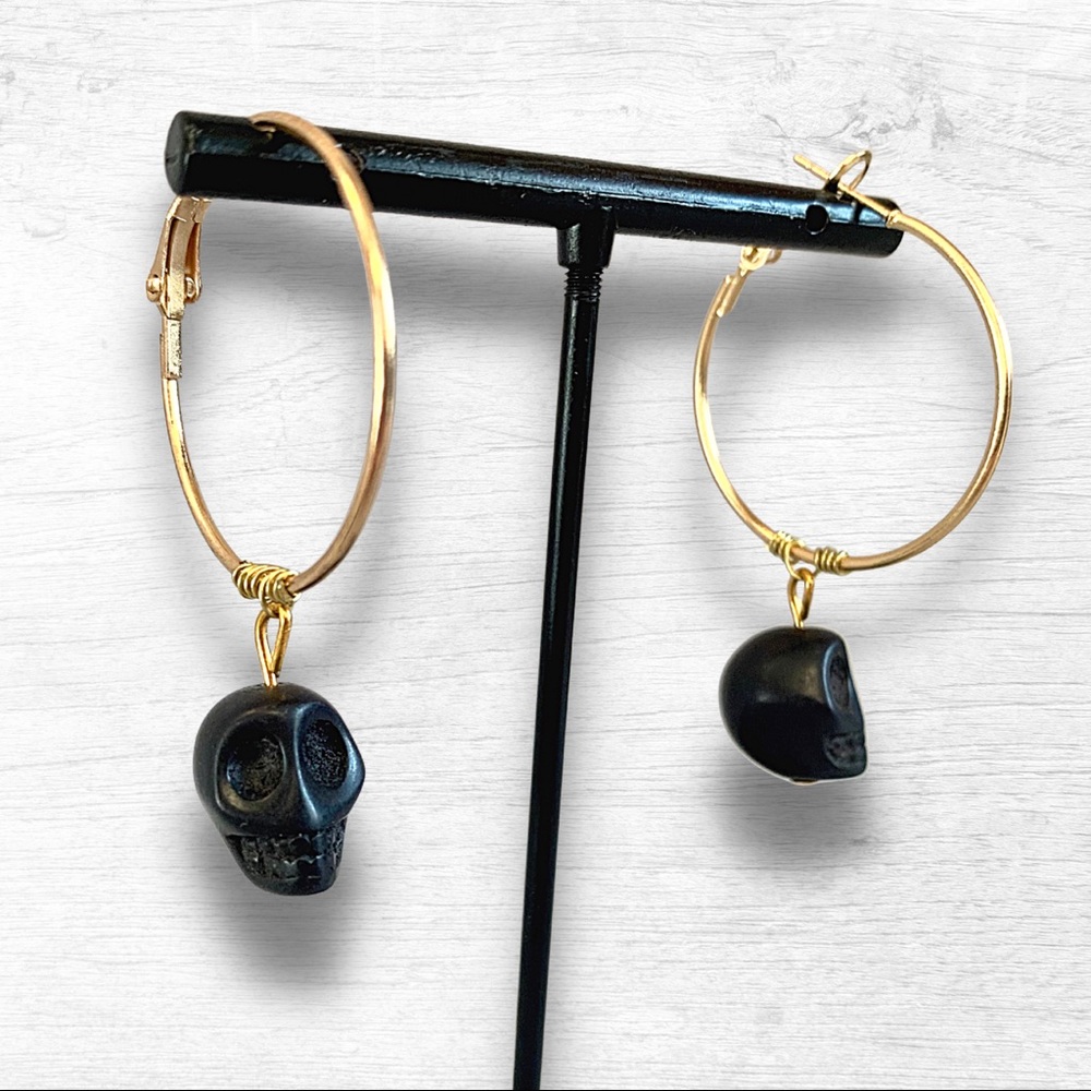 Handmade Small Black Skull Hoop Earrings